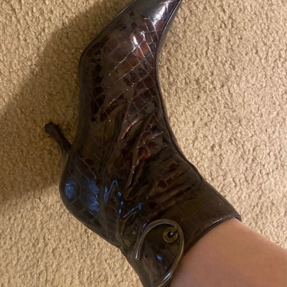 Stuart Weitzman Dark Brown Croc-Embossed Ankle Boots
